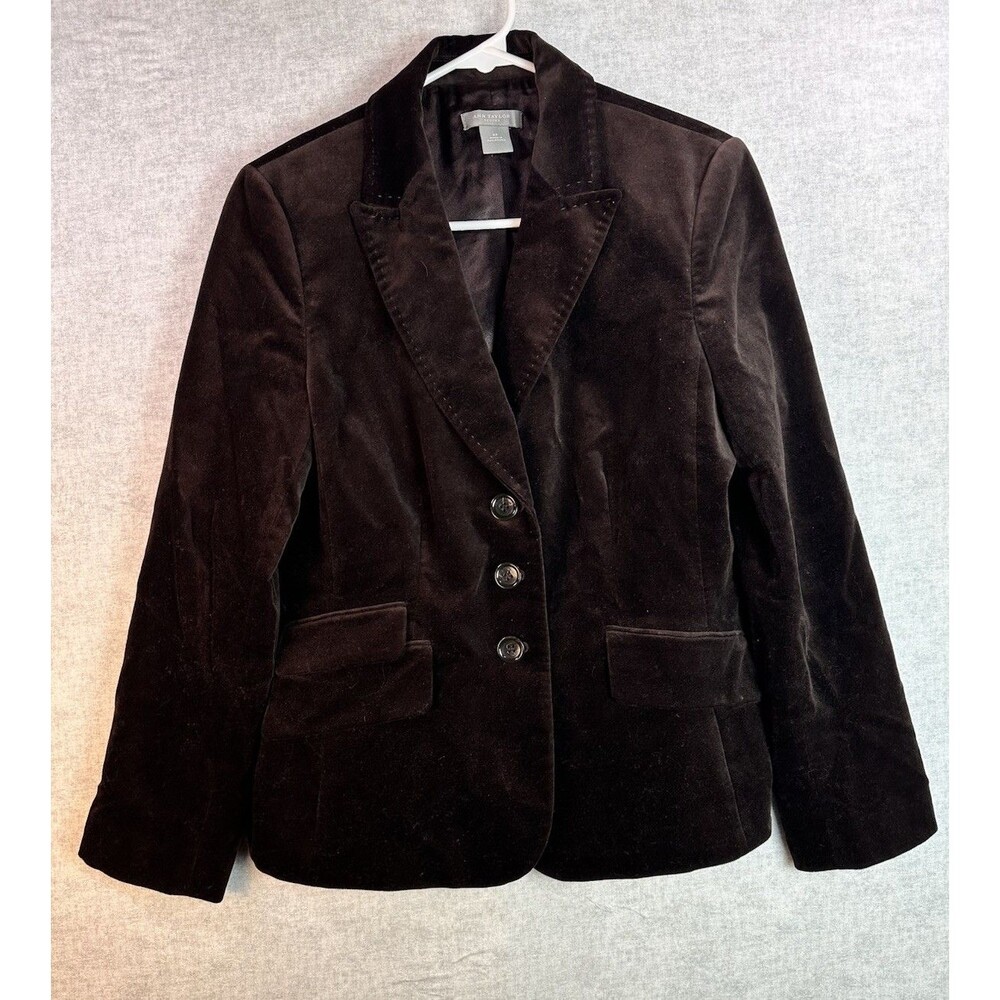 Ann Taylor Petite Brown Velvet Lined Blazer Sz 8P Notch Collar Victorian Preppy